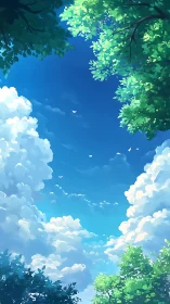 Vibrant summer sky framed by lush foliage and cumulus clouds