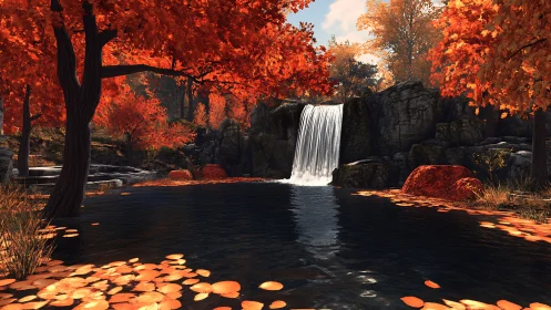 Golden autumn waterfall pool glows beneath fiery trees