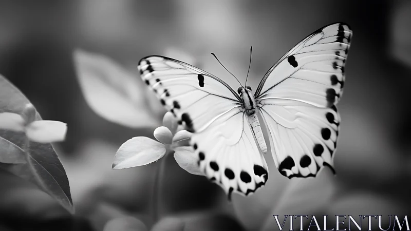 Monochrome butterfly drifting through soft bokeh garden hush.