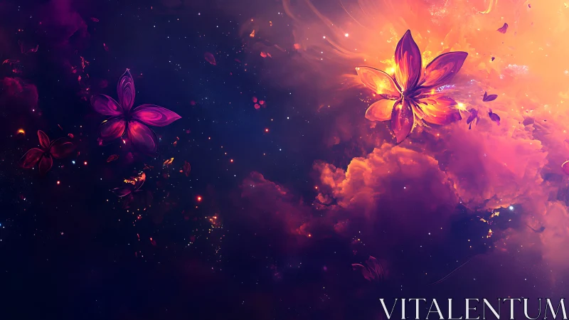 Vivid purple butterflies glowing in a cosmic nebula sky.