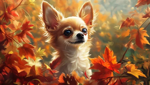 Tiny chihuahua peeking through glowing autumn leaves warmly.