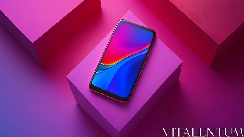 Modern smartphone on pink geometric blocks, vibrant digital style.