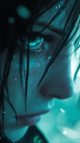 Wet close-up portrait of reflective teal lit character.