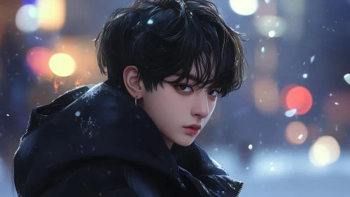 Digital portrait depicts young person in snowy urban night