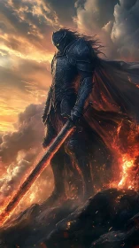 Ember-Crowned Dark Knight Guarding a Stormlit World’s Edge.