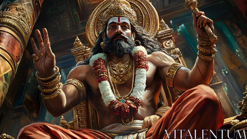 Regal spiritual leader seated in glowing temple splendor.