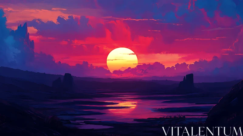 Nebula dusk sun ignites alien canyon of mirrored waters.