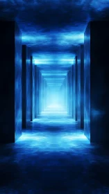 Luminescent orthogonal corridor with volumetric blue lightfield.