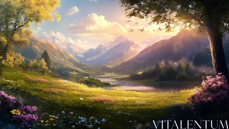 Mountain valley meadow at sunrise with river and flowers.