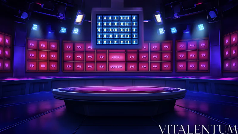 Neon game show arena with digital heart display wall.