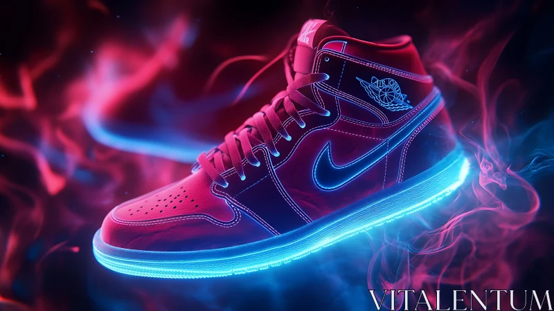 Neon lit Nike high top sneaker in abstract smoke environment.