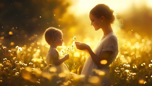 Backlit mother and child in golden-hour wildflower meadow