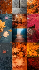 Autumn maple leaves form vivid orange seasonal collage grid
