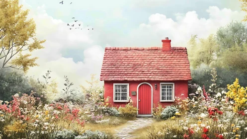 Red cottage stands centered in dense flowering landscape