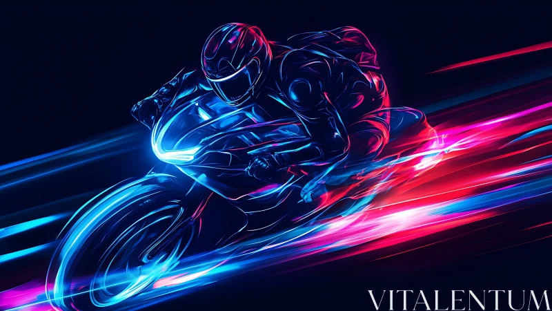Neon sport motorcycle rider racing through light trails.