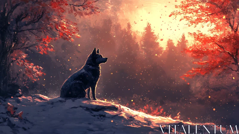 Silhouetted dog on snowy ridge in red forest at sunset.