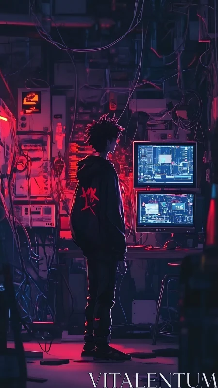 Lone hacker studies dual monitors in red neon server room