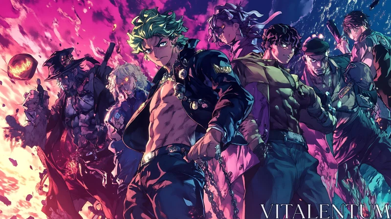 Dynamic anime ensemble under split neon inferno sky panorama.