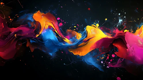 Dynamic chromatic paint waves collide across a dark ground