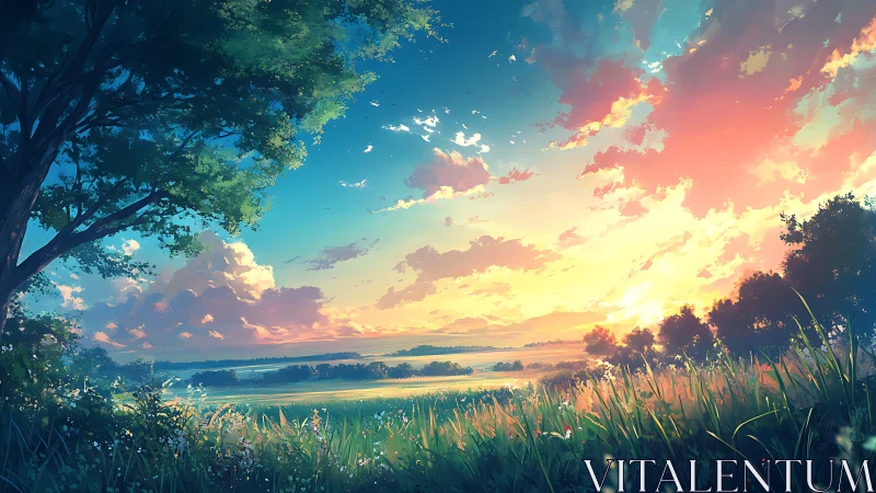 Gentle countryside sunset opens onto calm, glowing fields