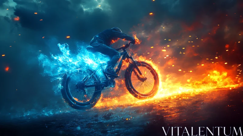 Cyclist on fiery trail amid blue and orange energy storm.