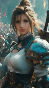 Kind‑eyed fantasy knight ready to face a bustling kingdom.