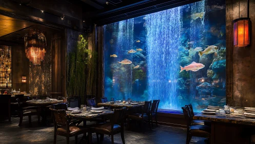 Underwater waterfall restaurant with tranquil glowing fish.