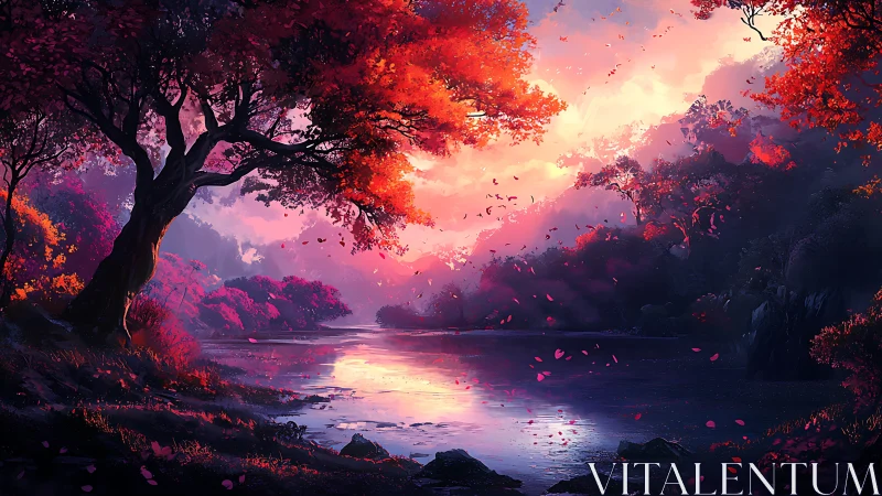 Crimson riverbank hums softly beneath a burning dreamsky