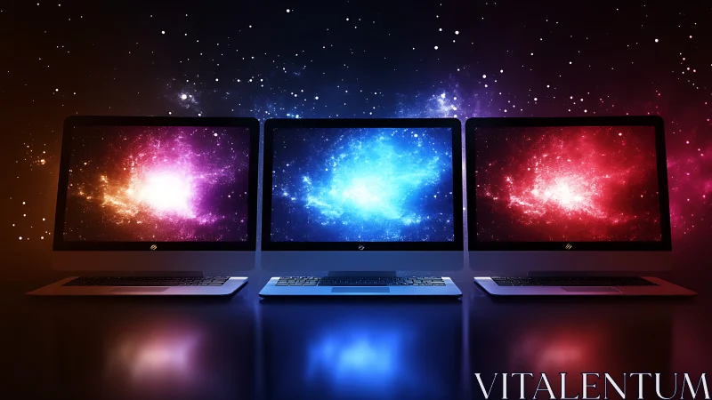 Triple computer monitors displaying colorful galaxy visuals.