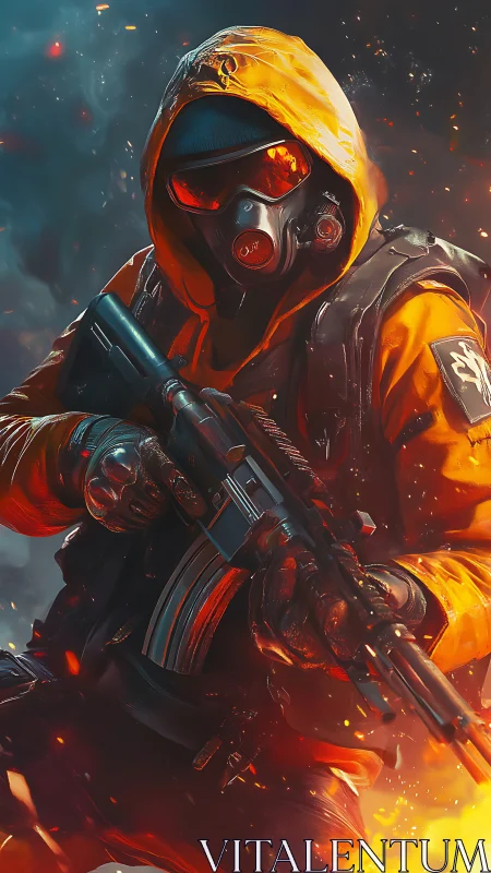 Hooded firebrand soldier framed in sparks and smoke.