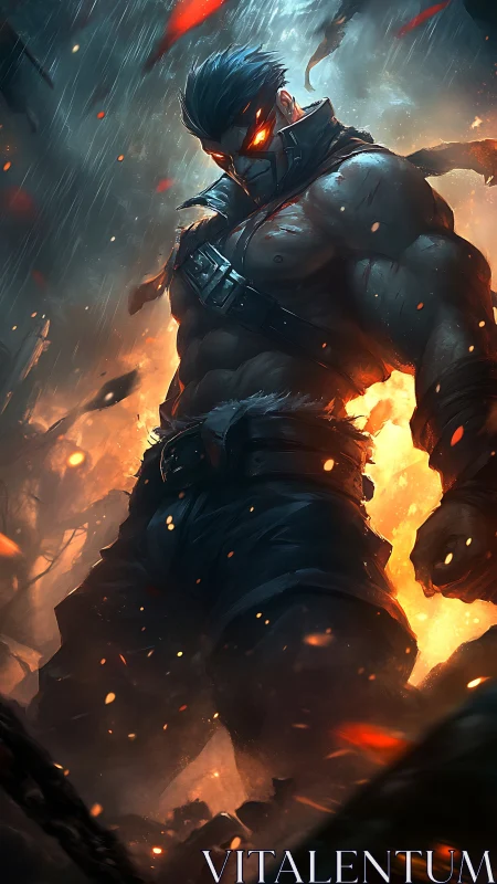 Armored warrior in flames under stormy night sky.