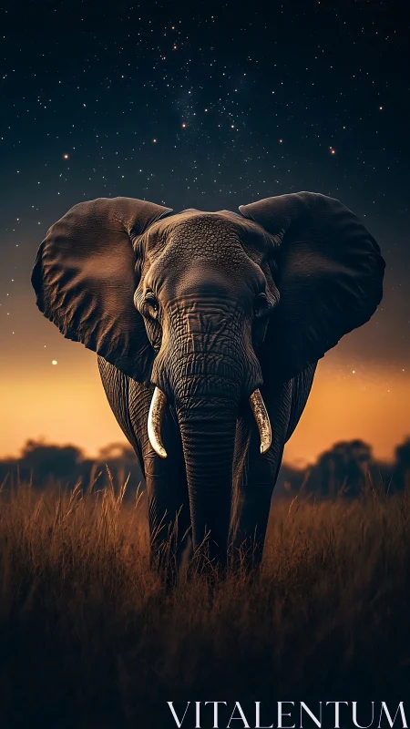 Majestic bull elephant under starry dusk savannah sky.