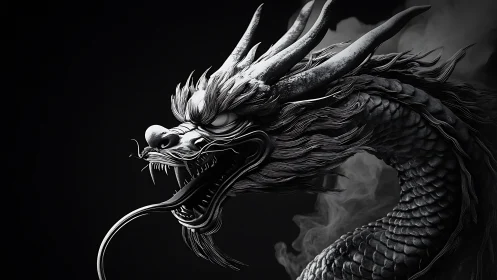 Monochrome draconic bust with volumetric smoke rendering.
