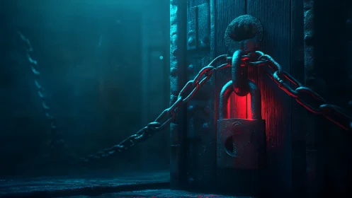 Heavy chained padlock on dark door with red backlight.
