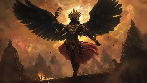 Winged dusk god strides above burning temple spires.