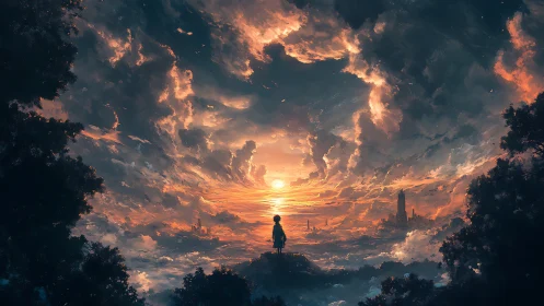 Solitary wanderer gazes toward a luminous fantasy sunrise.