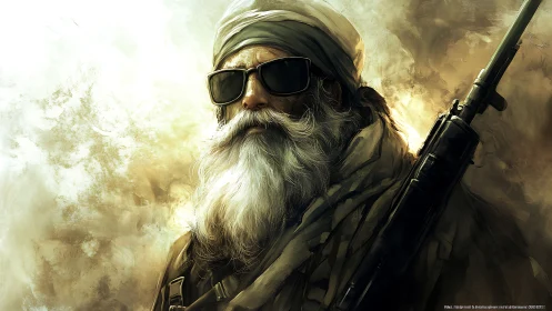 Bearded man in turban with rifle and sunglasses portrait.
