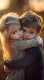 Two Children Embrace in Golden Sunlight