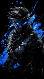 Stealth cyber ninja rendered in high-contrast neon blue strokes
