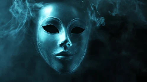 Volumetric cyan spectral mask emerging from turbulent vapor.