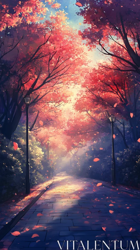 Autumn path under glowing canopy and soft lamplight glow.