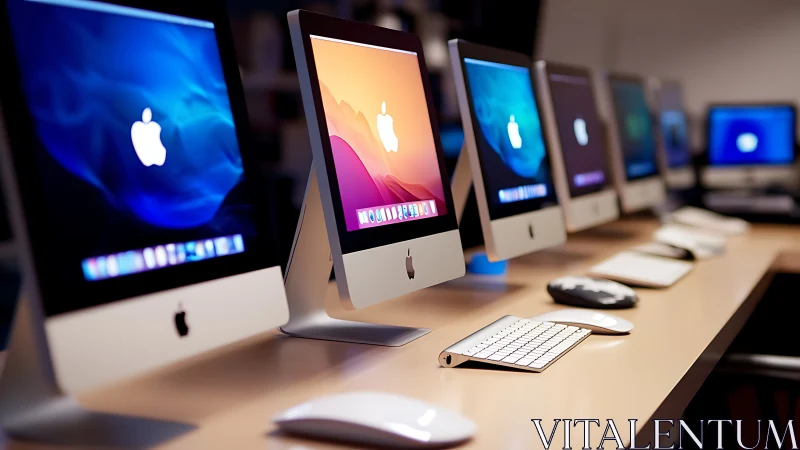 Row of aluminum desktop computers with vivid gradient displays.