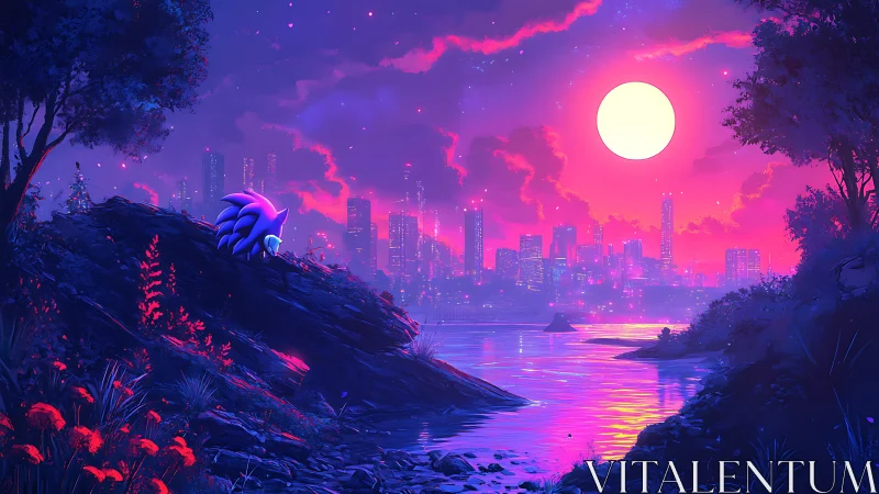 Neon-lit riverfront skyline glows under a surreal pink moon.