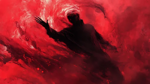 Silhouetted figure emerges from swirling crimson storm.