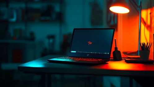 Laptop on desk in dim workspace with contrasting lighting.
