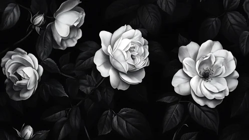 Monochrome Roses Blooming Against Darkness.