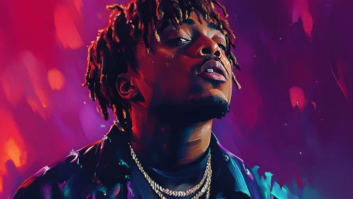 Electric neon portrait of confident rapper in bold colors.