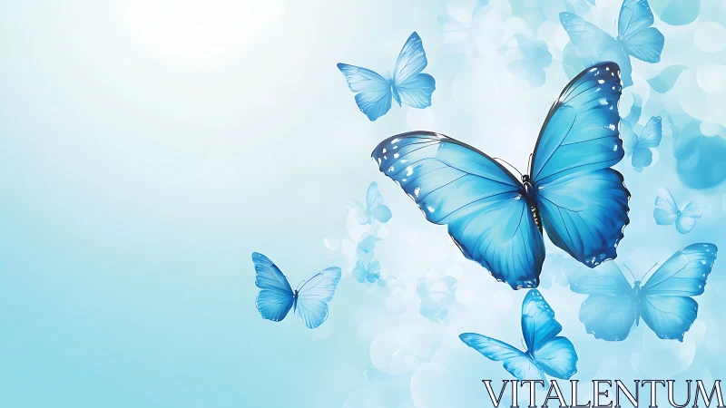 Vivid blue butterflies glide through bokeh-lit pastel air