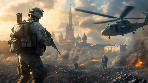 Military incursion unfolds before burning Kremlin skyline.
