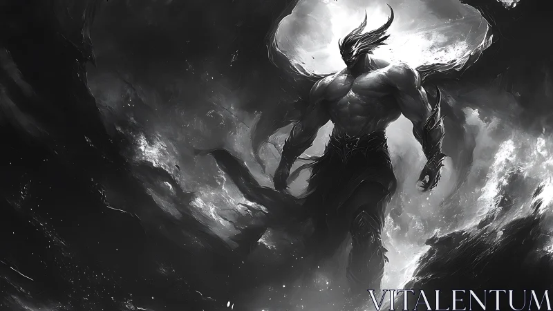 Brooding winged titan walks through swirling storm clouds.